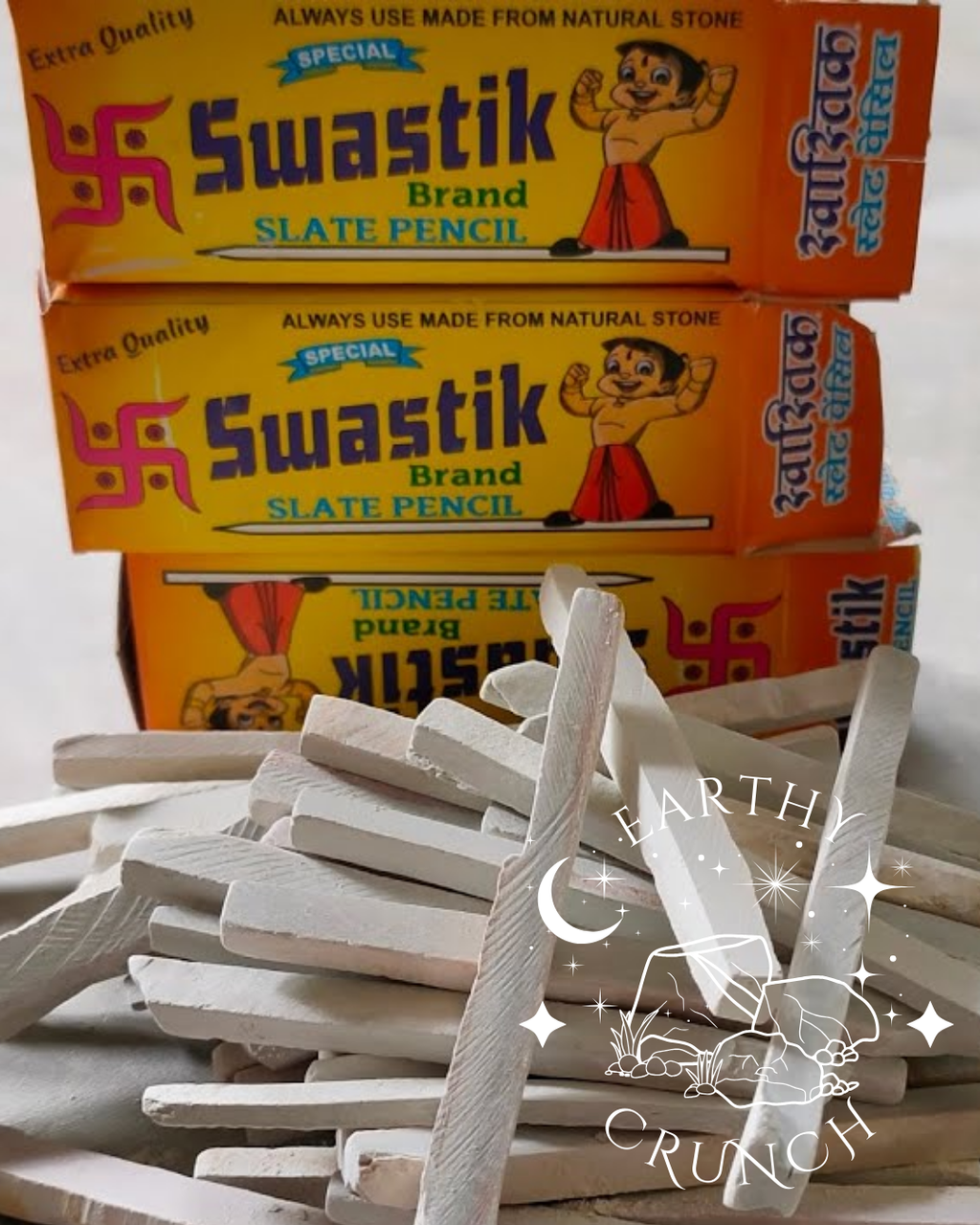 Crayons d'ardoise épais blancs/mixtes (Grandes marques indiennes ! dont Chandtara, Metro Gold, Swastik, Sundeep Premium) - Pierre de schiste comestible pour le Pica/Géophagie