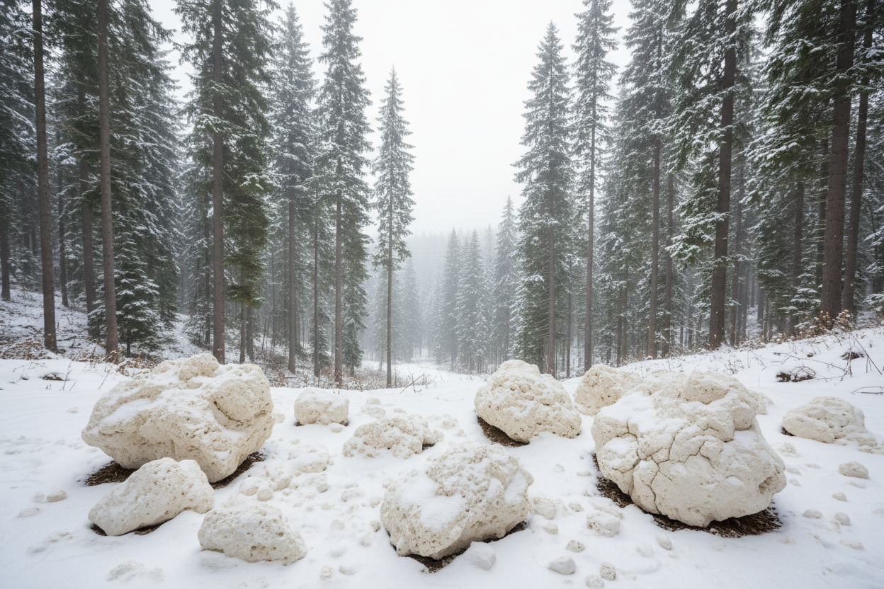 add conifer trees - a landscape with large chunks of white clay and chalk at the foot of the trees