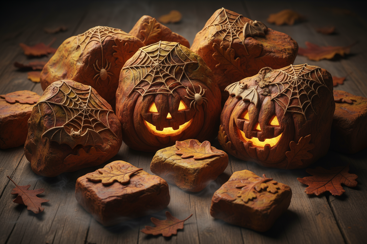 Chunks of clay but a halloween theme to it, include autumnal colours and webs and other halloween motifs